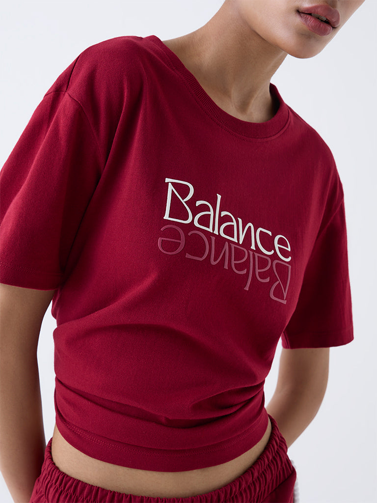 Studiofit Maroon Text Pattern Cotton T-Shirt