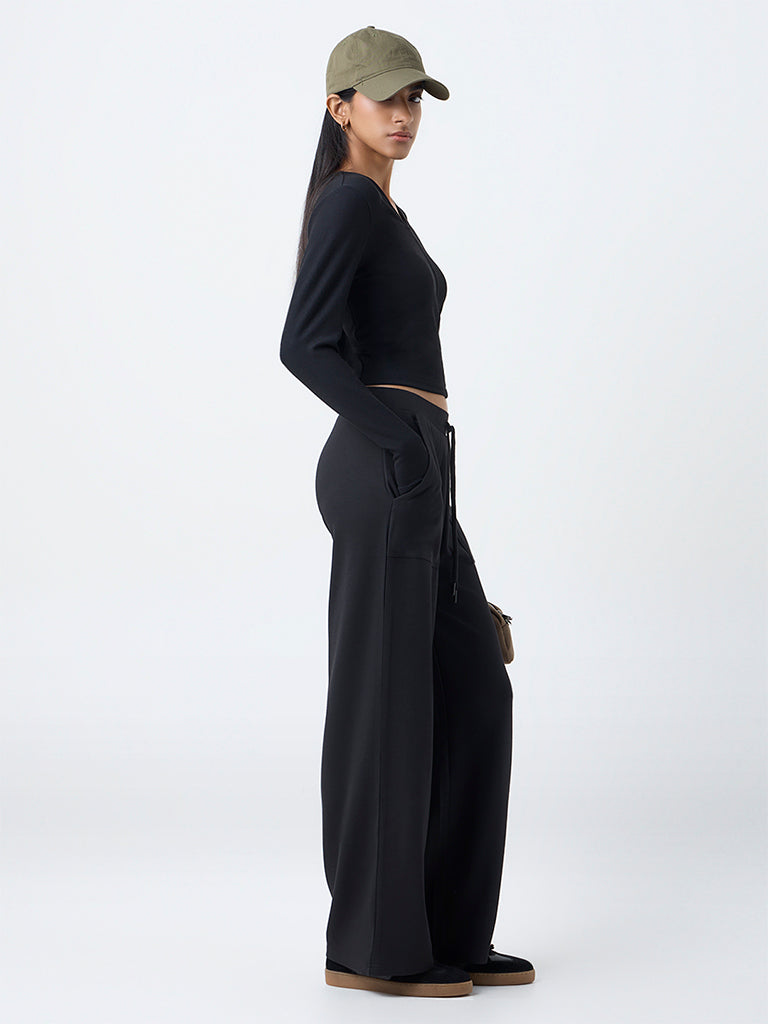 Studiofit Black Ribbed-Textured T-Shirt