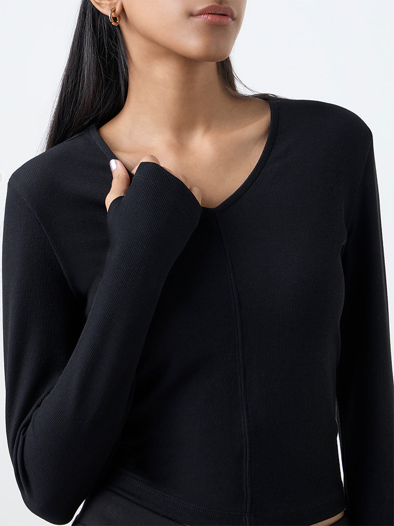Studiofit Black Ribbed-Textured T-Shirt