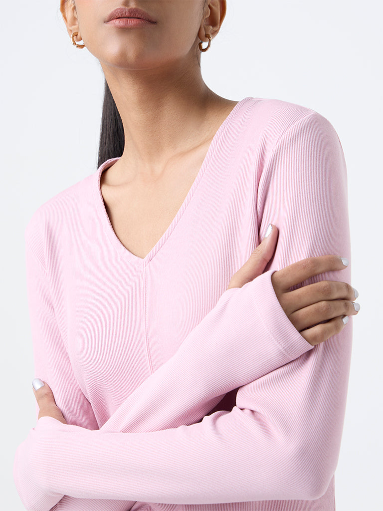 Studiofit Pink Ribbed-Textured T-Shirt