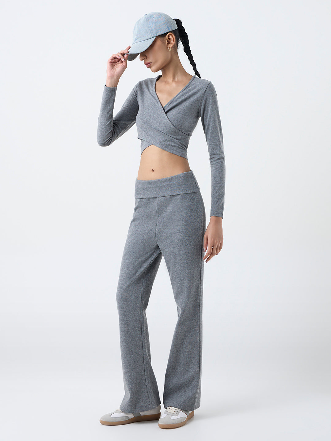Studiofit Grey Criss-Cross Detailed Cotton-Blend T-Shirt
