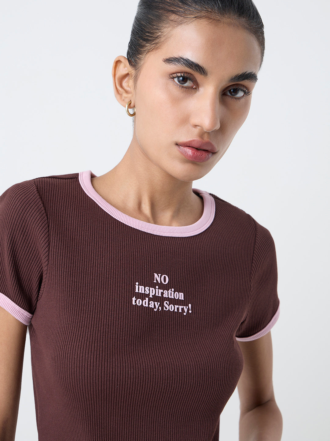 Studiofit Dark Brown Typographic Cotton-Blend T-Shirt
