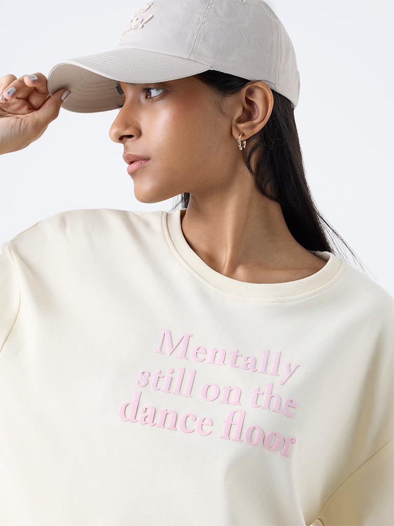 Studiofit Light Yellow Text Detailed Cotton T-Shirt