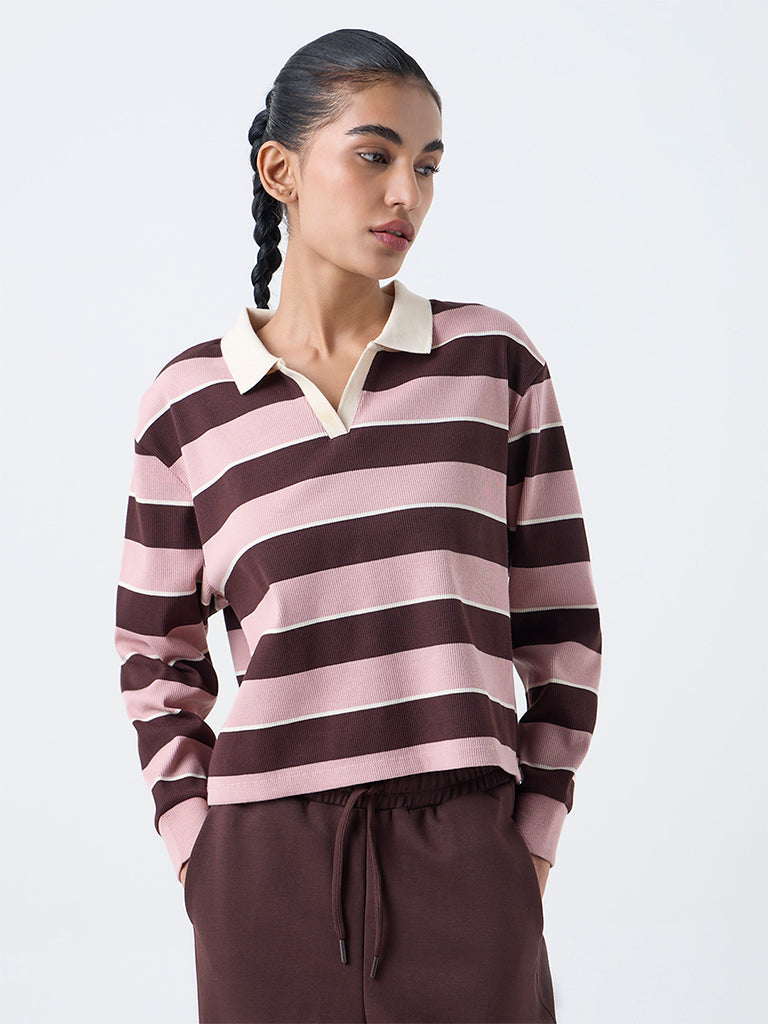 Studiofit Pink Striped Cotton-Blend T-Shirt