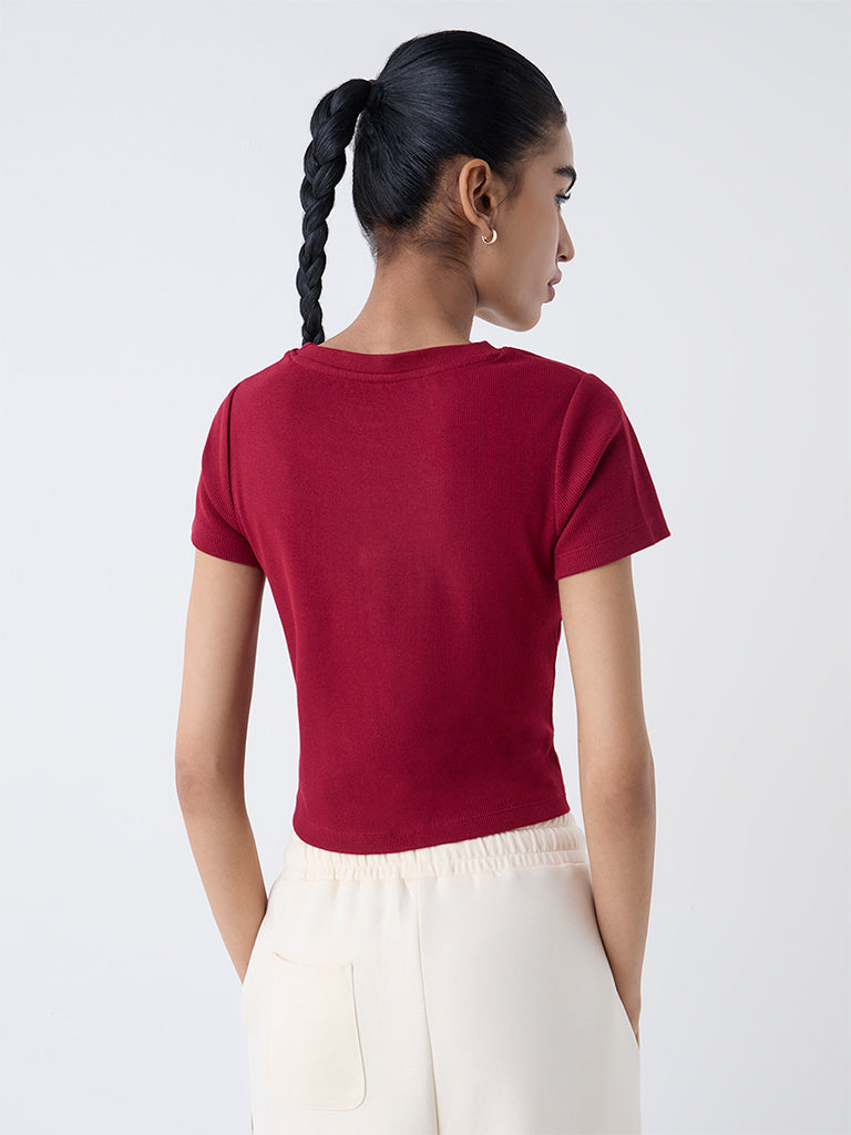 Studiofit Maroon Knot-Detailed Cotton-Blend T-Shirt