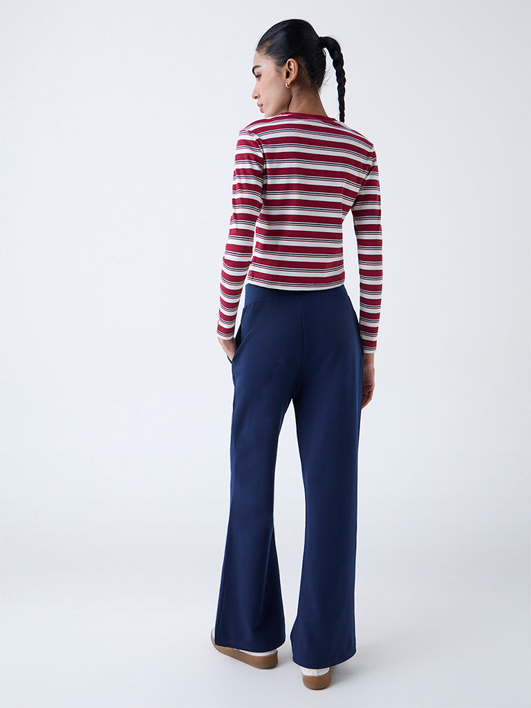 Studiofit Maroon Striped Cotton-Blend T-Shirt