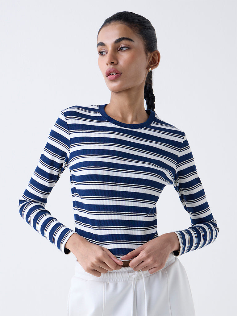 Studiofit Navy Striped Cotton-Blend T-Shirt