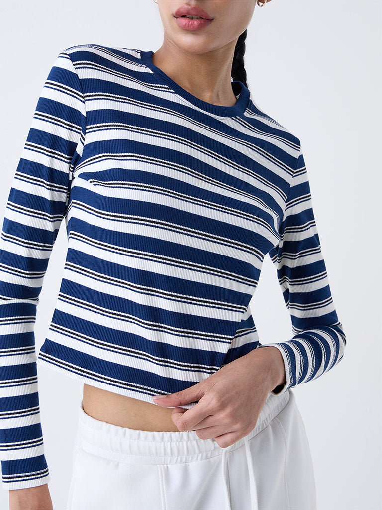 Studiofit Navy Striped Cotton-Blend T-Shirt