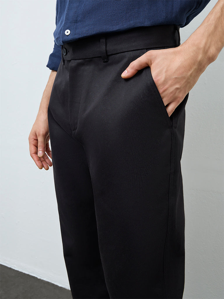Ascot Black Relaxed-Fit Mid-Rise Cotton Trousers