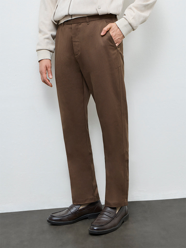 Ascot Brown Relaxed-Fit Mid-Rise Cotton Trousers