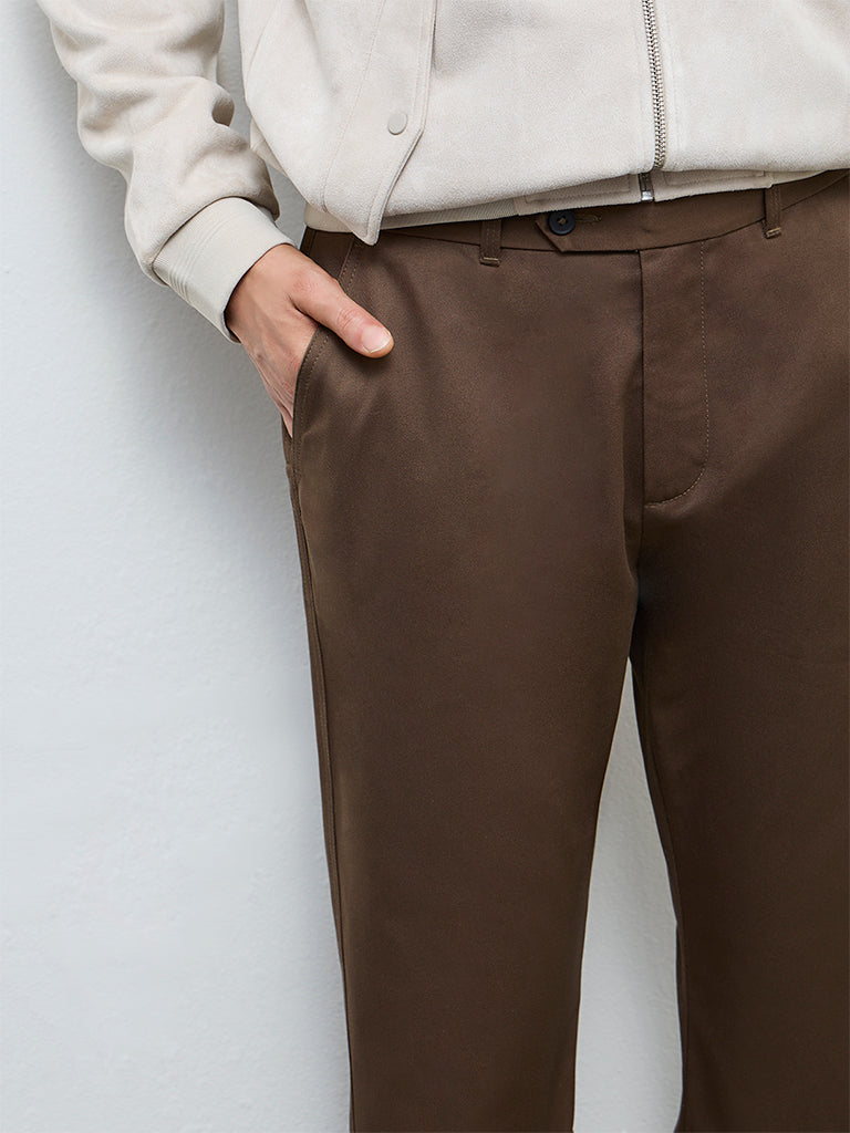 Ascot Brown Relaxed-Fit Mid-Rise Cotton Trousers