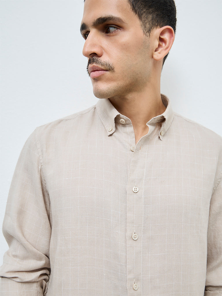 Ascot Beige Checks Pattern Relaxed-Fit Linen Shirt