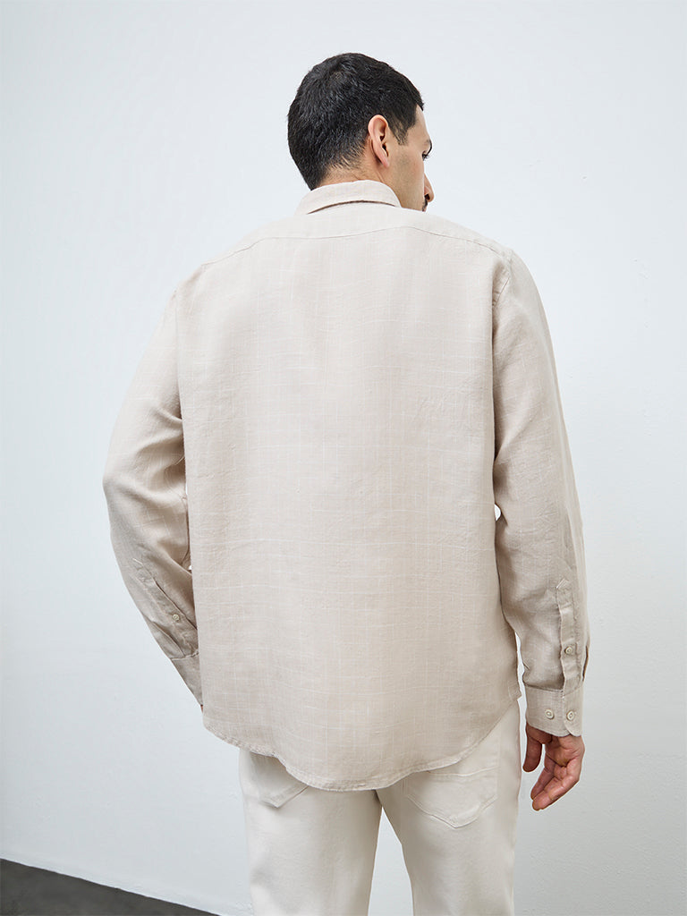 Ascot Beige Checks Pattern Relaxed-Fit Linen Shirt
