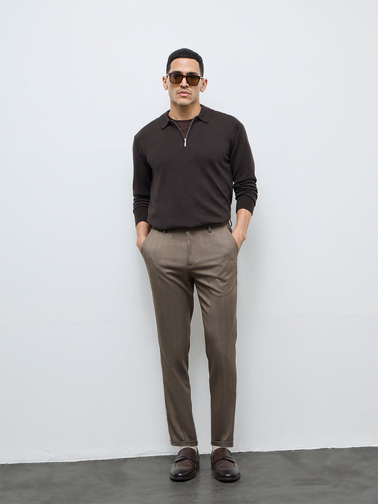 WES Formals Taupe Solid Mid-Rise Slim-Fit Trousers
