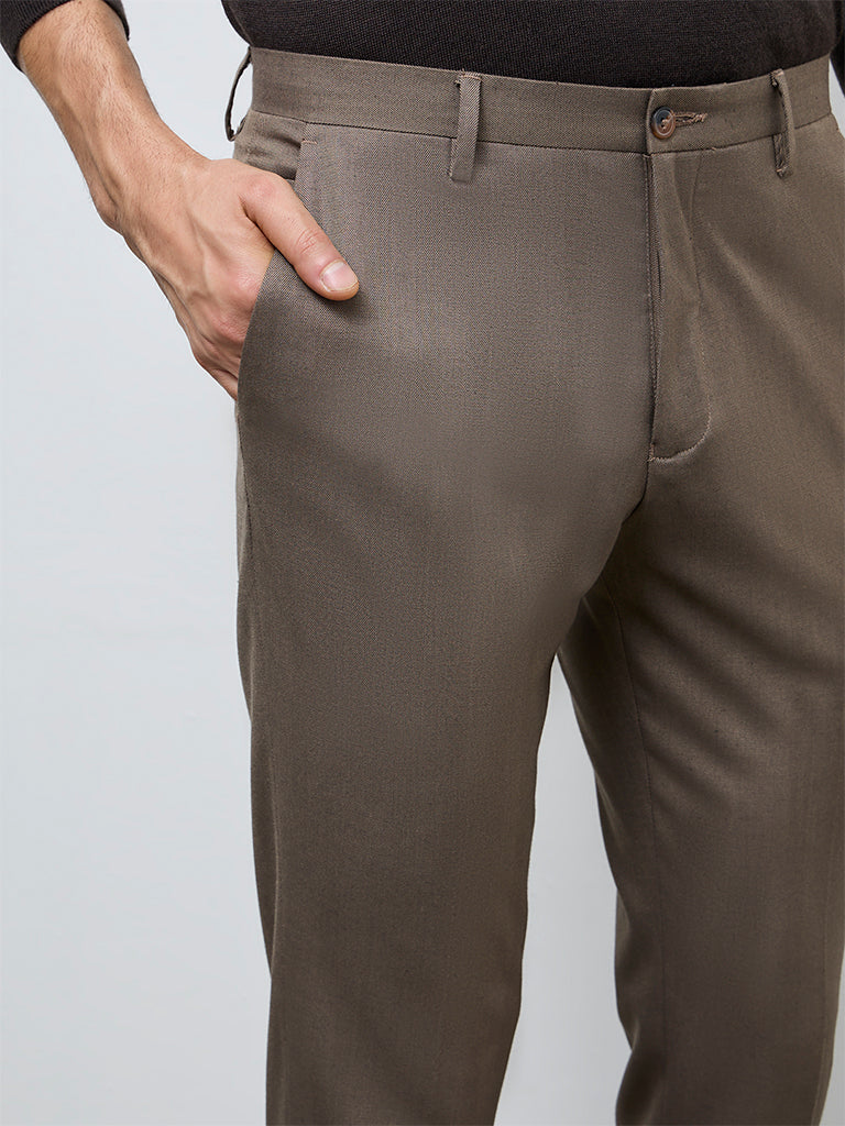 WES Formals Taupe Solid Mid-Rise Slim-Fit Trousers