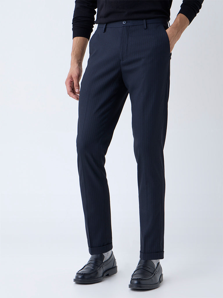 WES Formals Navy Self-Striped Slim-Fit Mid-Rise Trousers