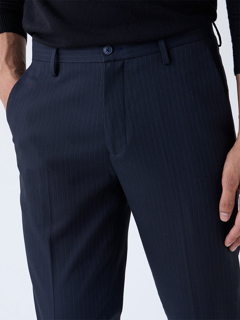WES Formals Navy Self-Striped Slim-Fit Mid-Rise Trousers