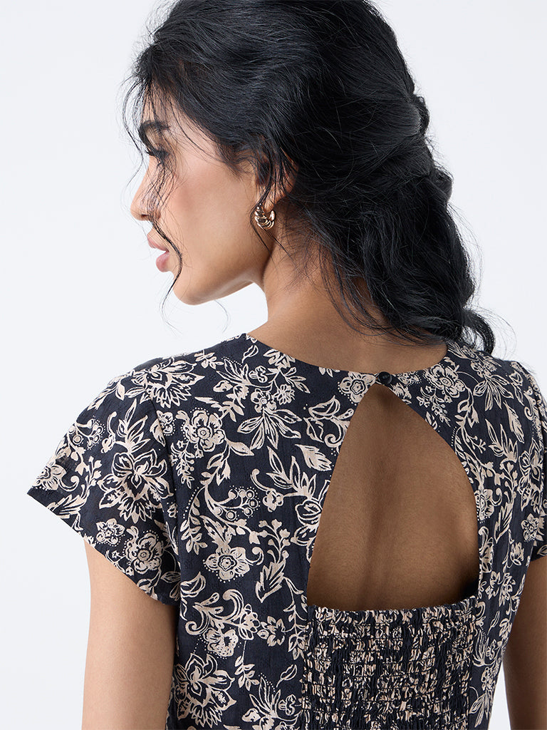 Bombay Paisley Black Foliage Design Cotton A-Line Dress