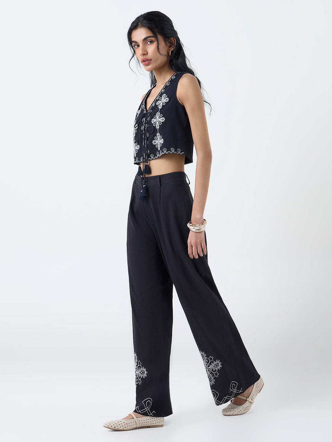 Bombay Paisley Black Floral Embroidered Cotton Vest Top