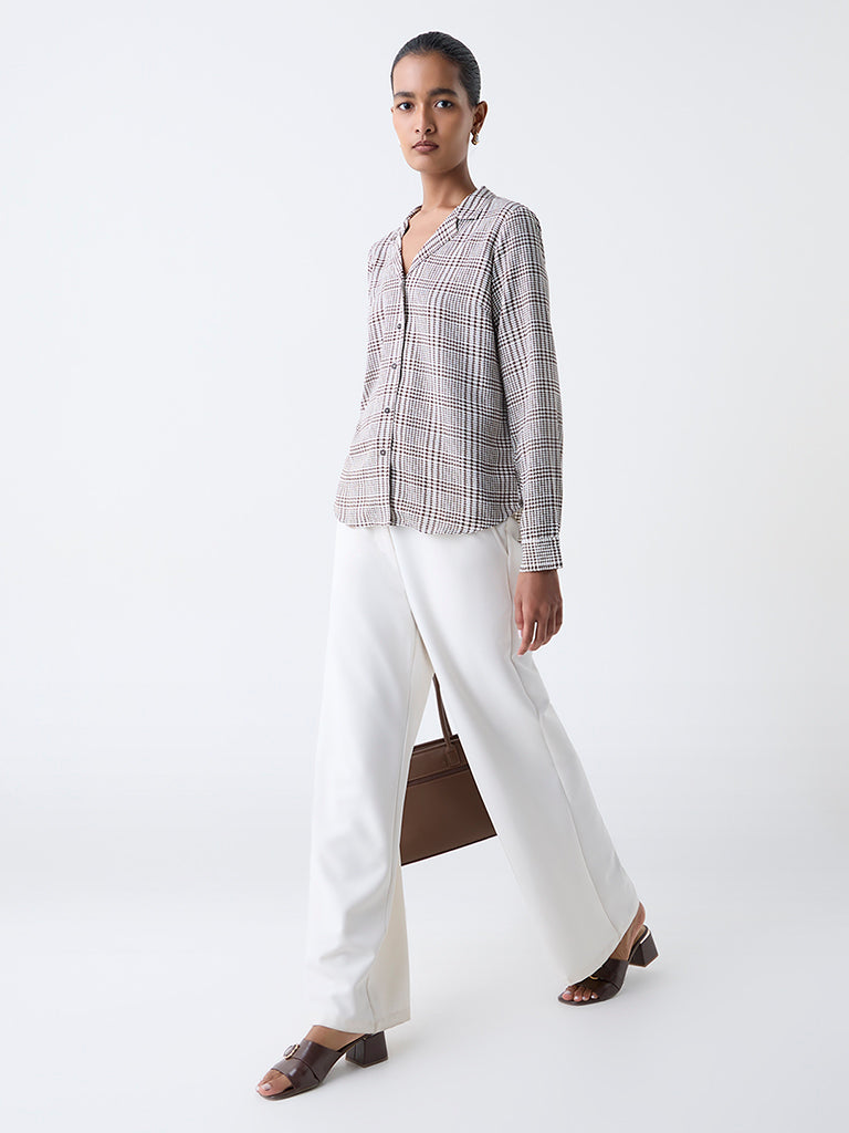 Wardrobe Brown Houndstooth Checkered Shirt
