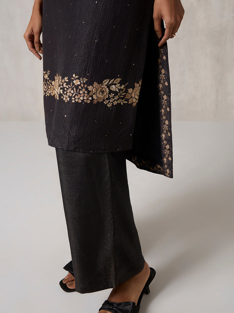 Floral Design Black Kurta Set