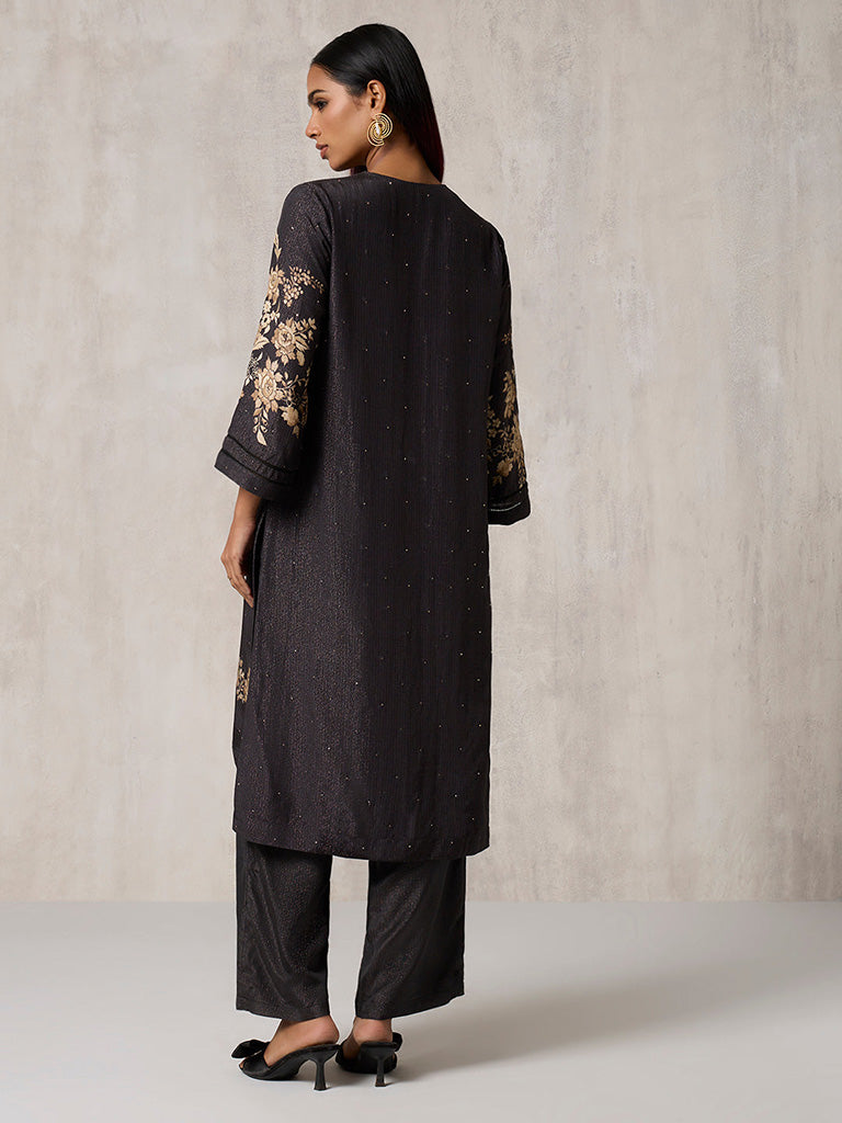 Floral Design Black Kurta Set