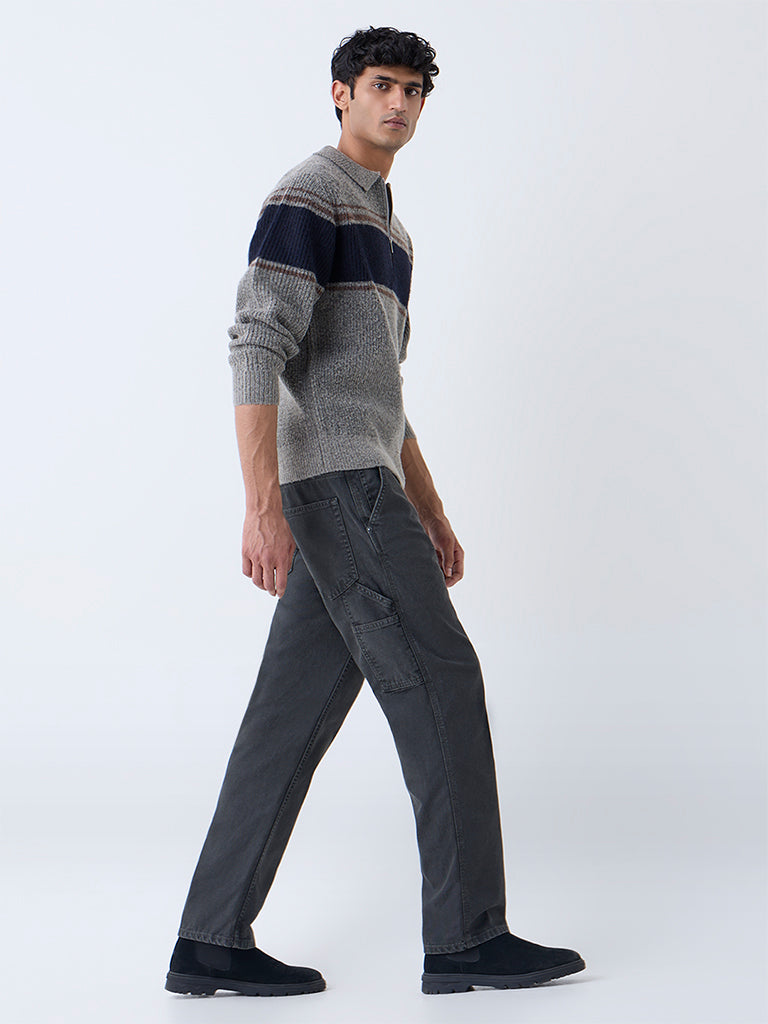 WES Casuals Charcoal Relaxed-Fit Mid-Rise Cotton Chinos