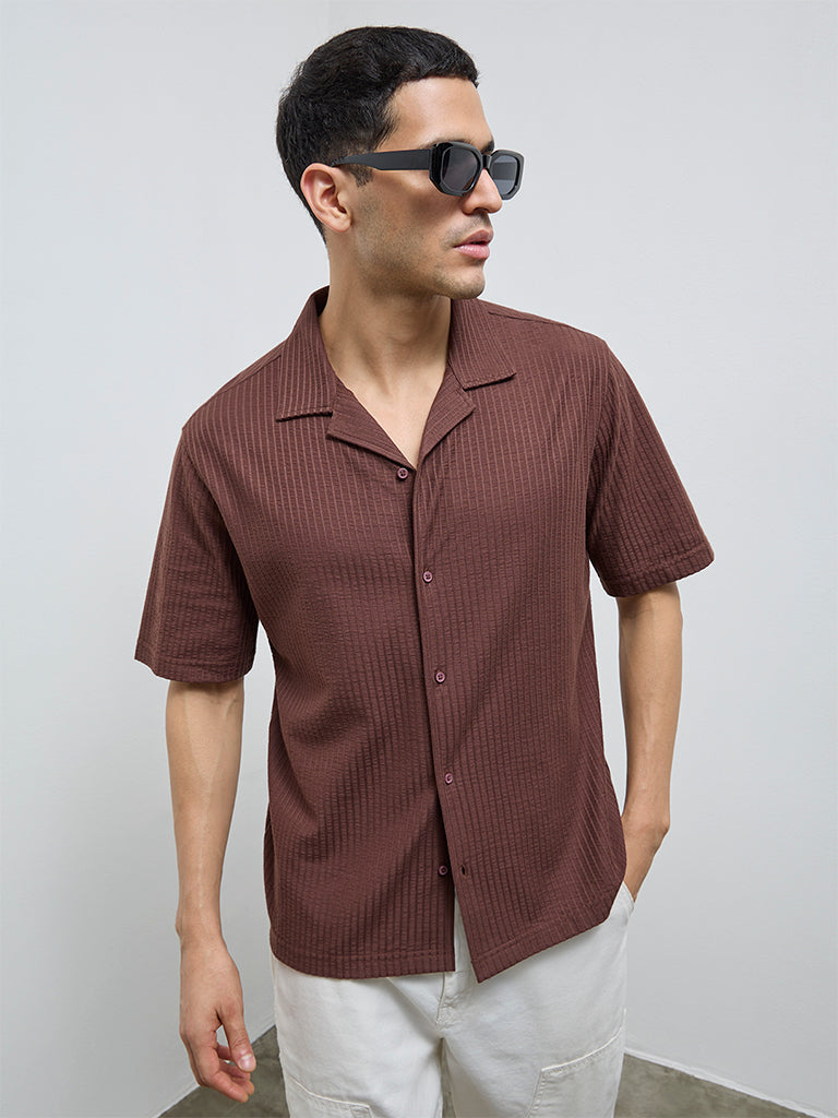 WES Casuals Dark Brown Striped Relaxed-Fit Shirt
