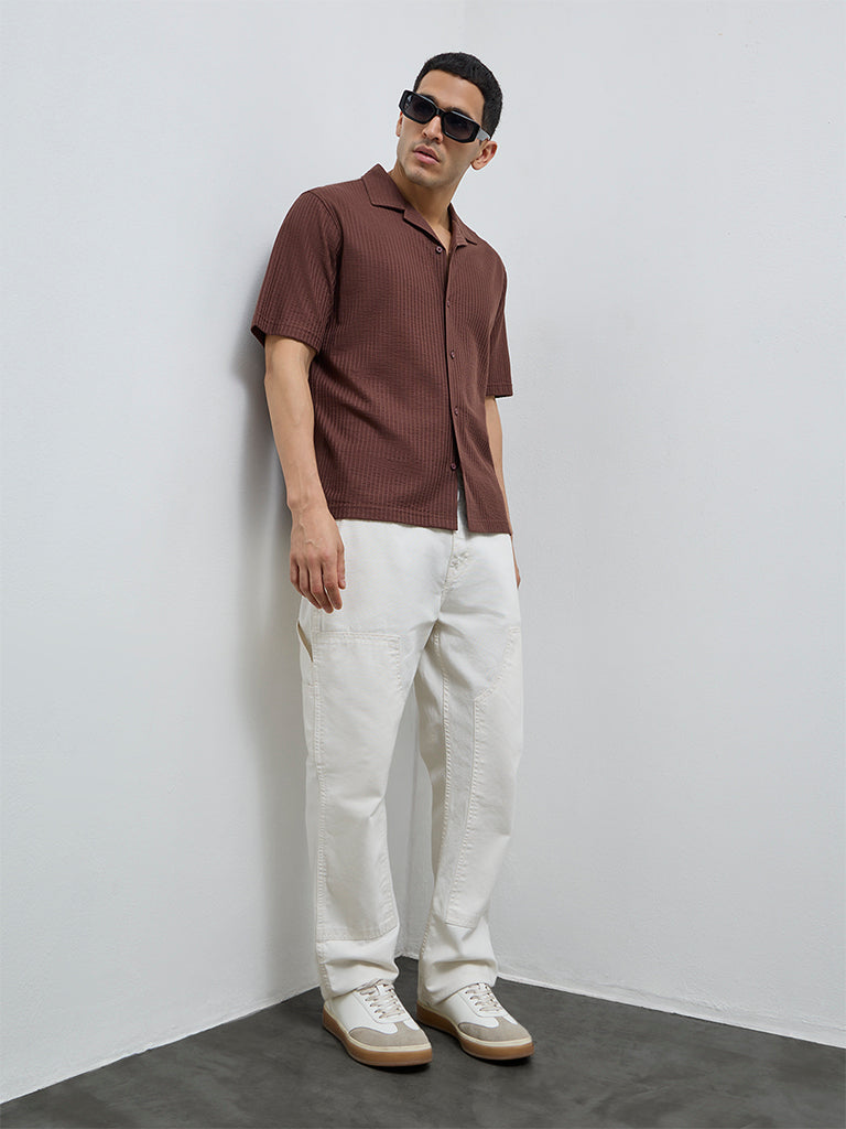 WES Casuals Dark Brown Striped Relaxed-Fit Shirt