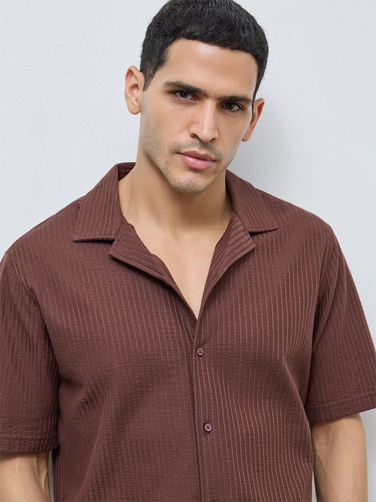 WES Casuals Dark Brown Striped Relaxed-Fit Shirt