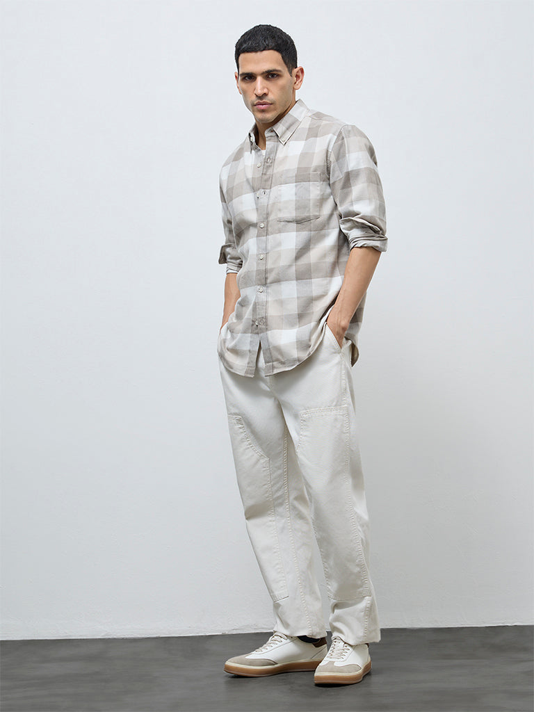 WES Casuals Taupe Checks Relaxed-Fit Cotton-Blend Shirt
