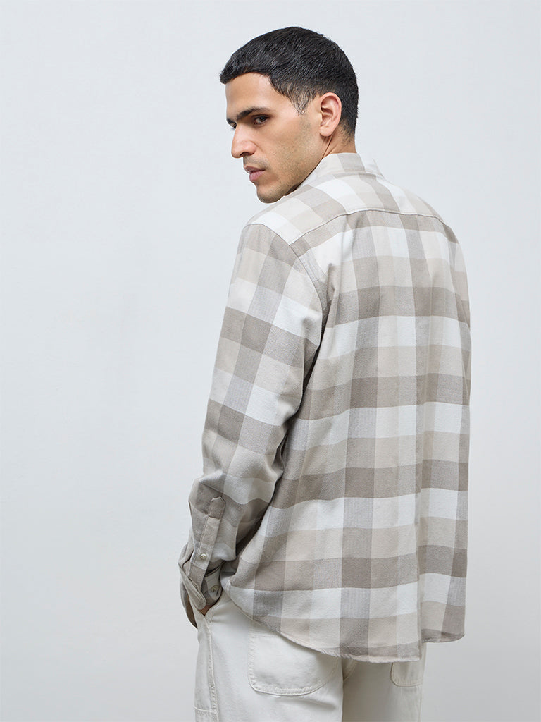 WES Casuals Taupe Checks Relaxed-Fit Cotton-Blend Shirt