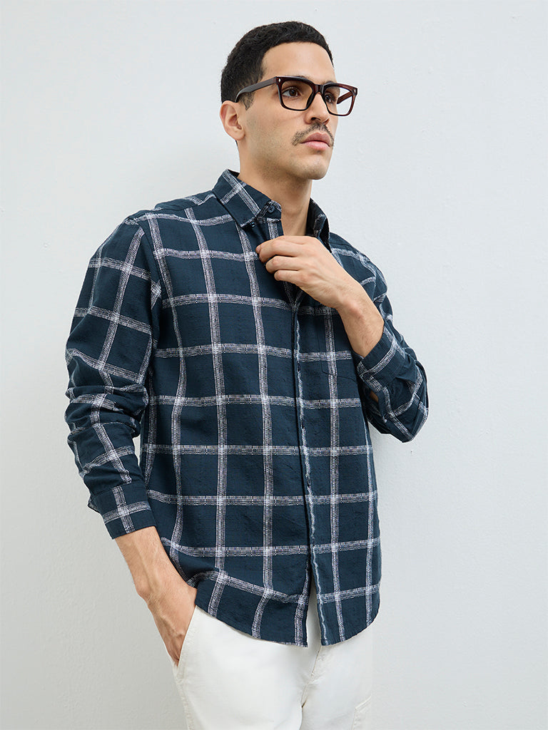 WES Casuals Teal Checks Design Relaxed-Fit Cotton Shirt