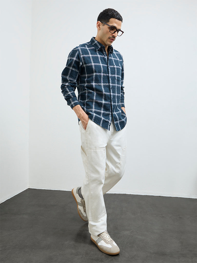 WES Casuals Teal Checks Design Relaxed-Fit Cotton Shirt
