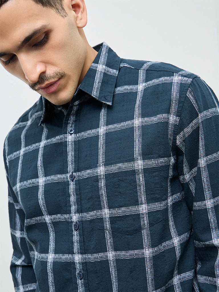 WES Casuals Teal Checks Design Relaxed-Fit Cotton Shirt