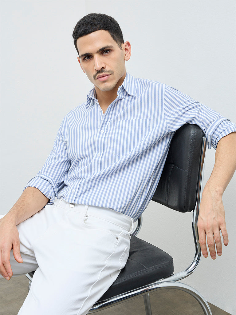 WES Casuals Blue Striped Relaxed-Fit Cotton Shirt