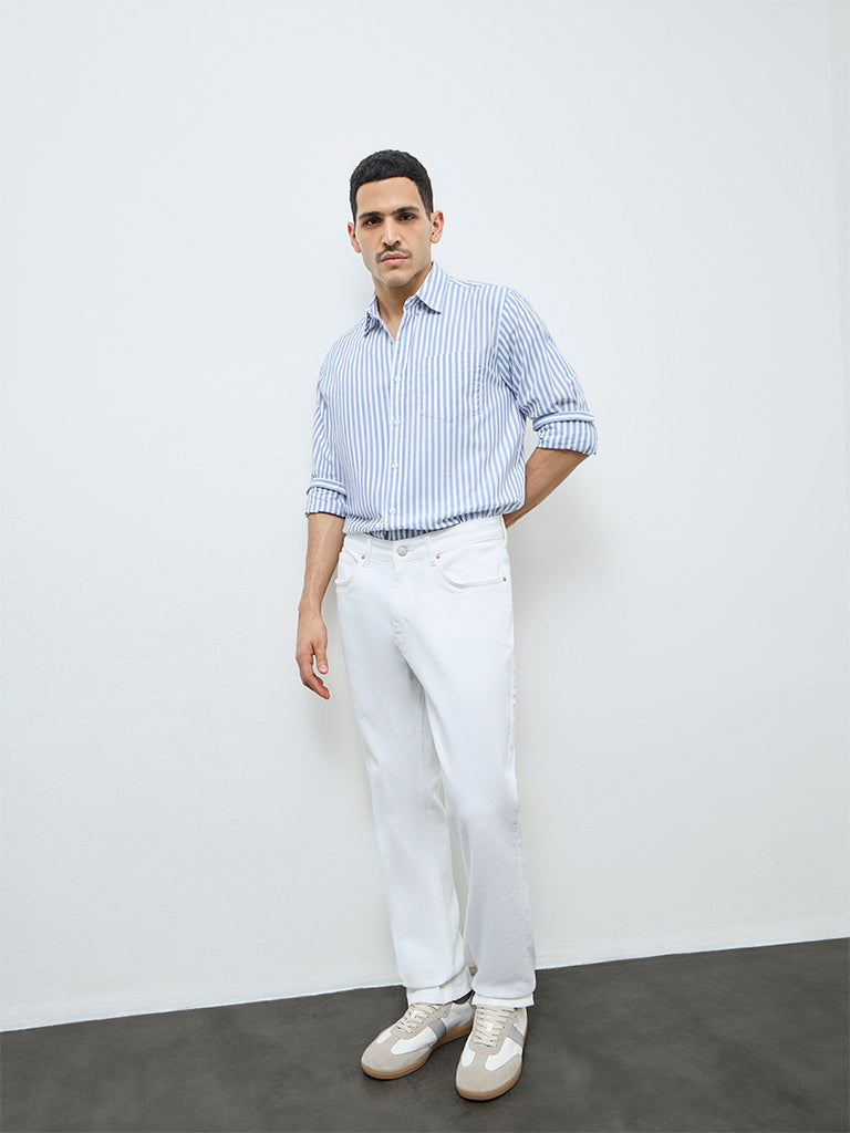 WES Casuals Blue Striped Relaxed-Fit Cotton Shirt