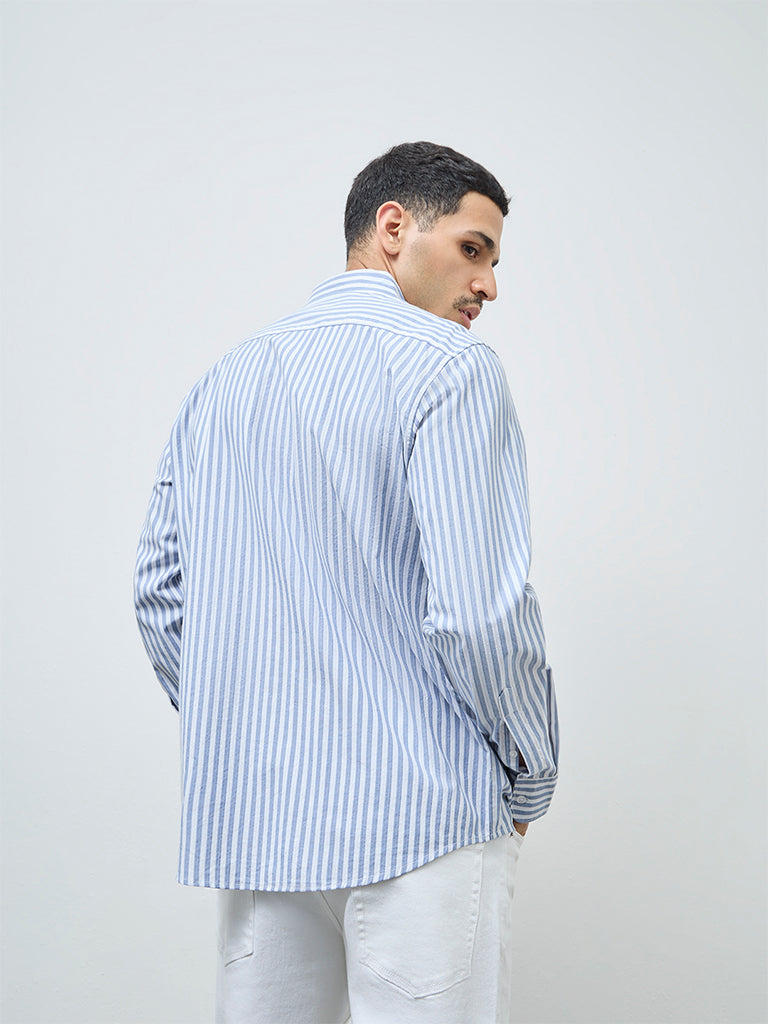 WES Casuals Blue Striped Relaxed-Fit Cotton Shirt
