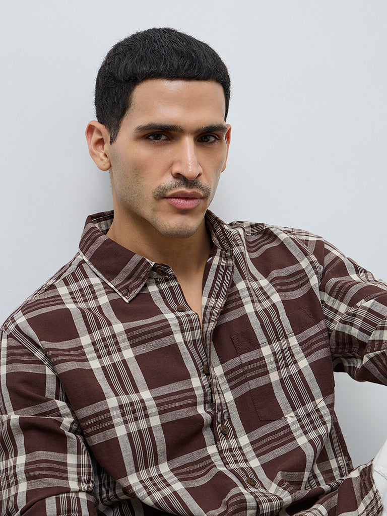 WES Casuals Brown Checkered Relaxed-Fit Cotton-Blend Shirt