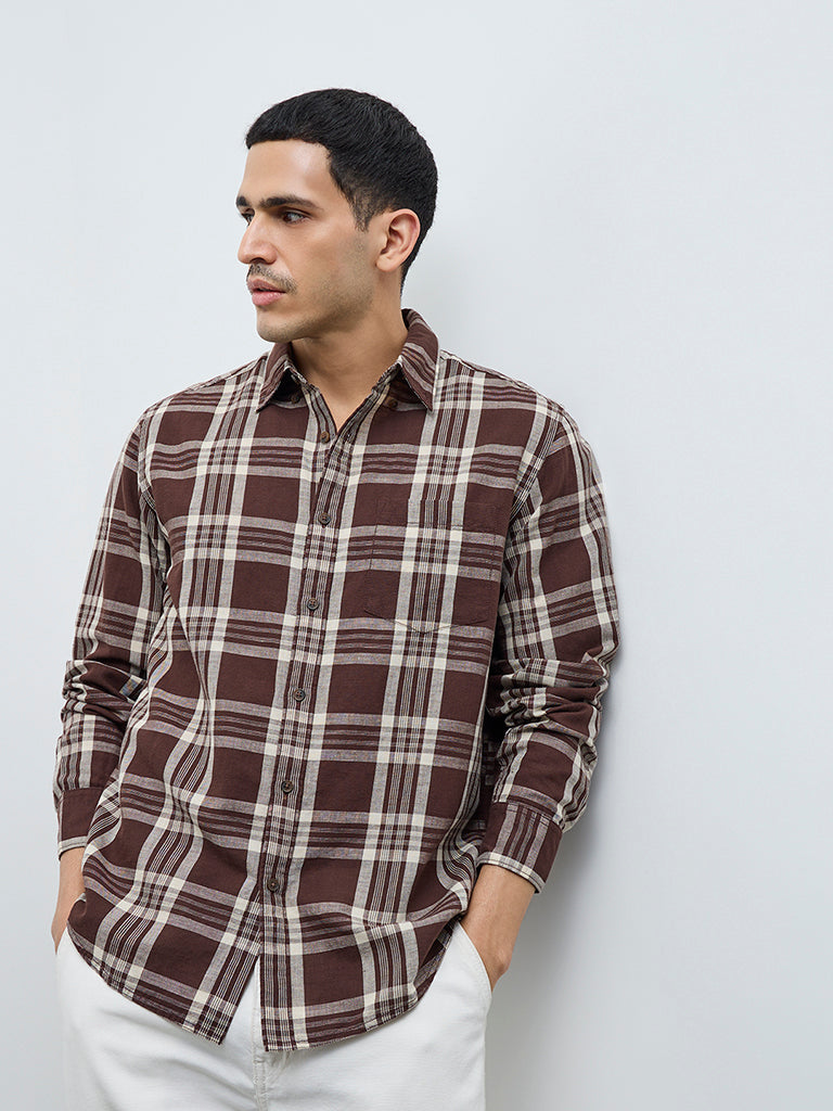 WES Casuals Brown Checkered Relaxed-Fit Cotton-Blend Shirt