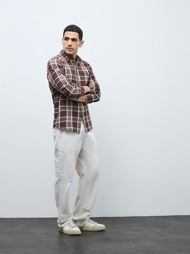 WES Casuals Brown Checkered Relaxed-Fit Cotton-Blend Shirt