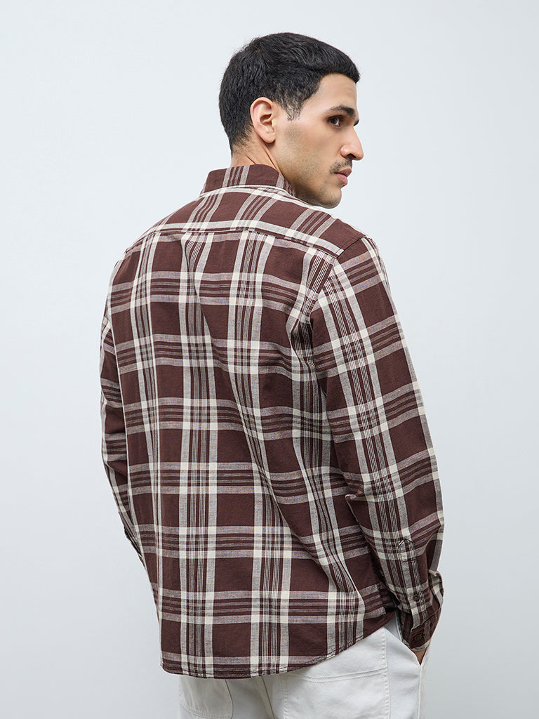 WES Casuals Brown Checkered Relaxed-Fit Cotton-Blend Shirt