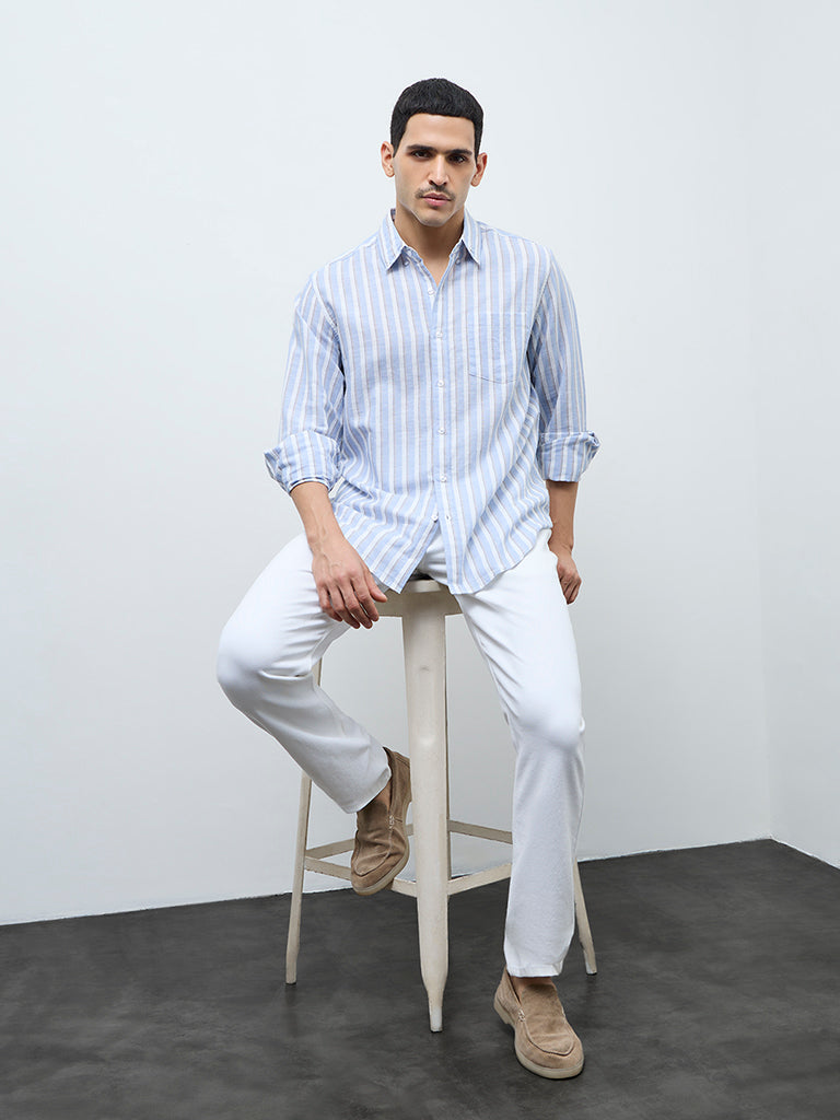 WES Casuals Light Blue Striped Relaxed-Fit Cotton-Blend Shirt