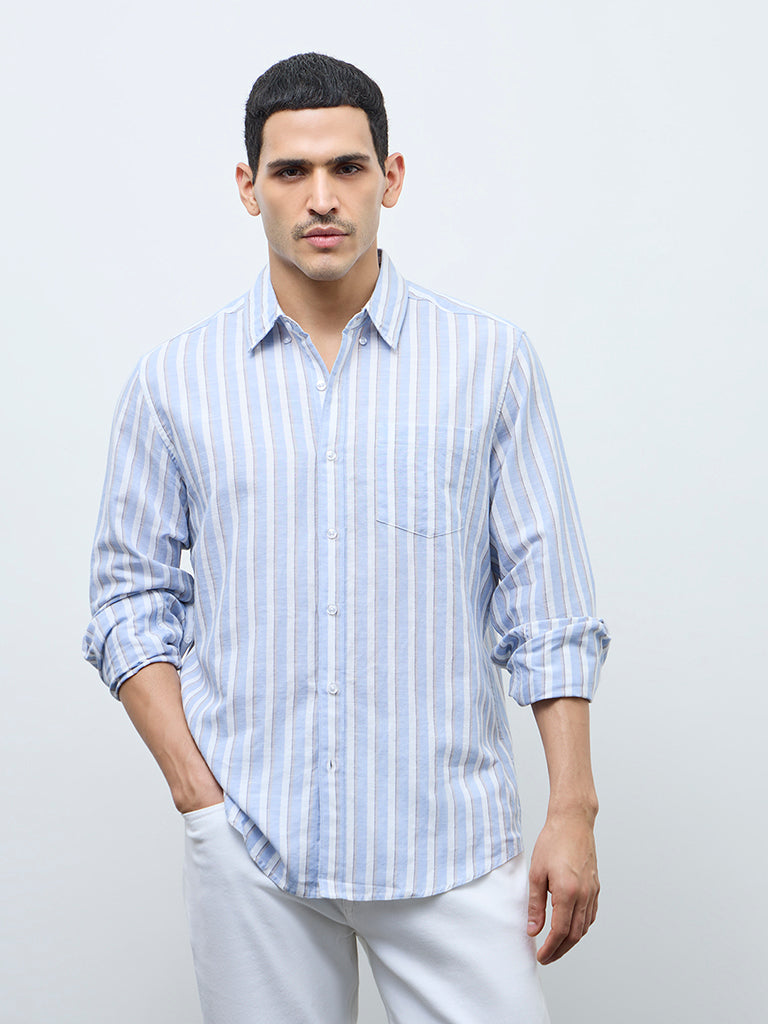 WES Casuals Light Blue Striped Relaxed-Fit Cotton-Blend Shirt