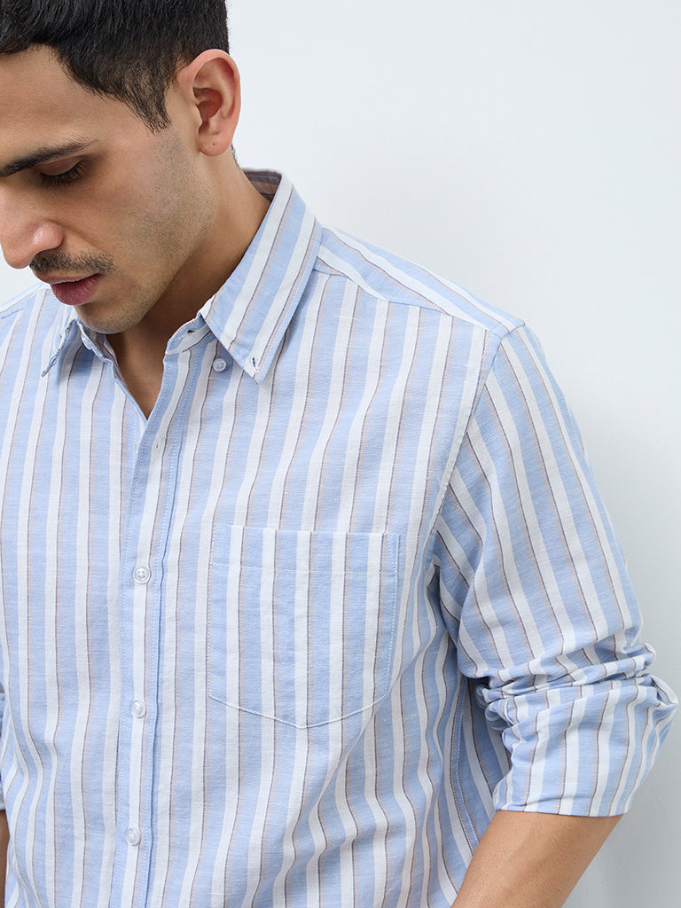 WES Casuals Light Blue Striped Relaxed-Fit Cotton-Blend Shirt