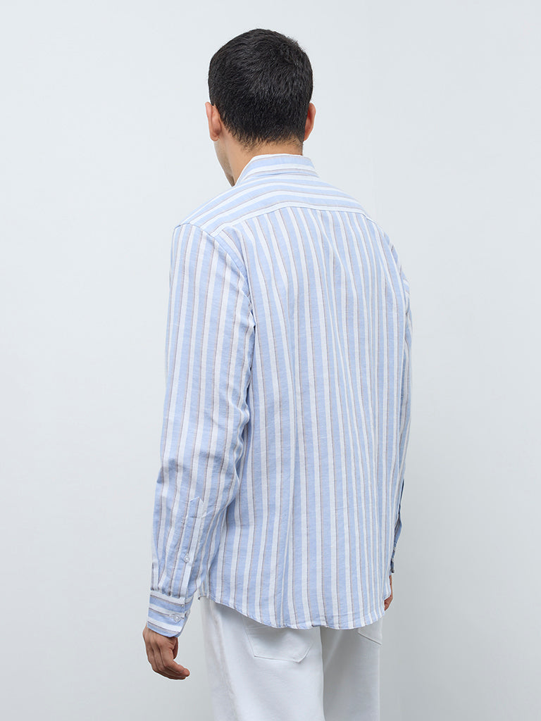 WES Casuals Light Blue Striped Relaxed-Fit Cotton-Blend Shirt