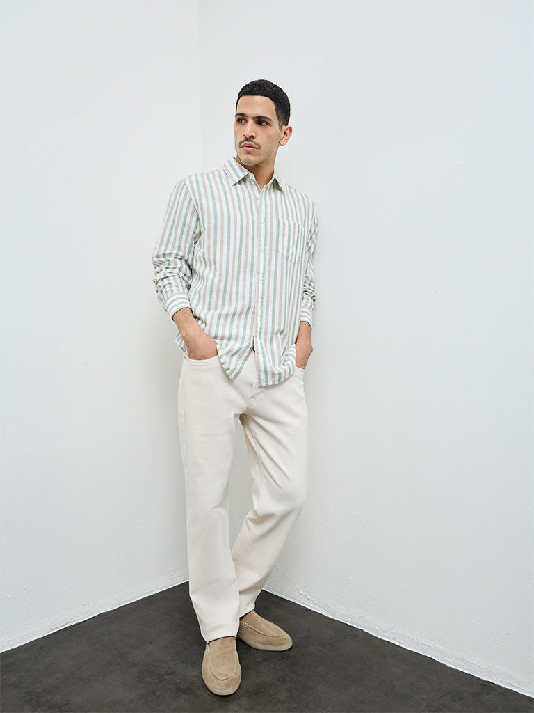 WES Casuals Green Striped Relaxed-Fit Cotton-Blend Shirt