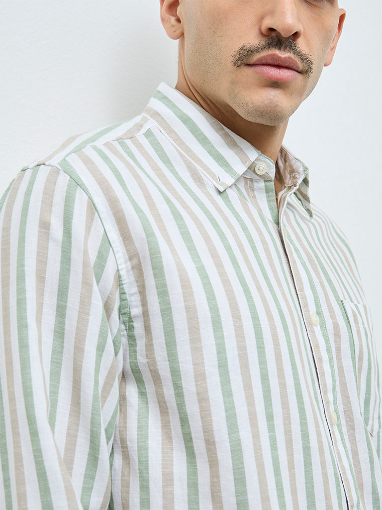 WES Casuals Green Striped Relaxed-Fit Cotton-Blend Shirt