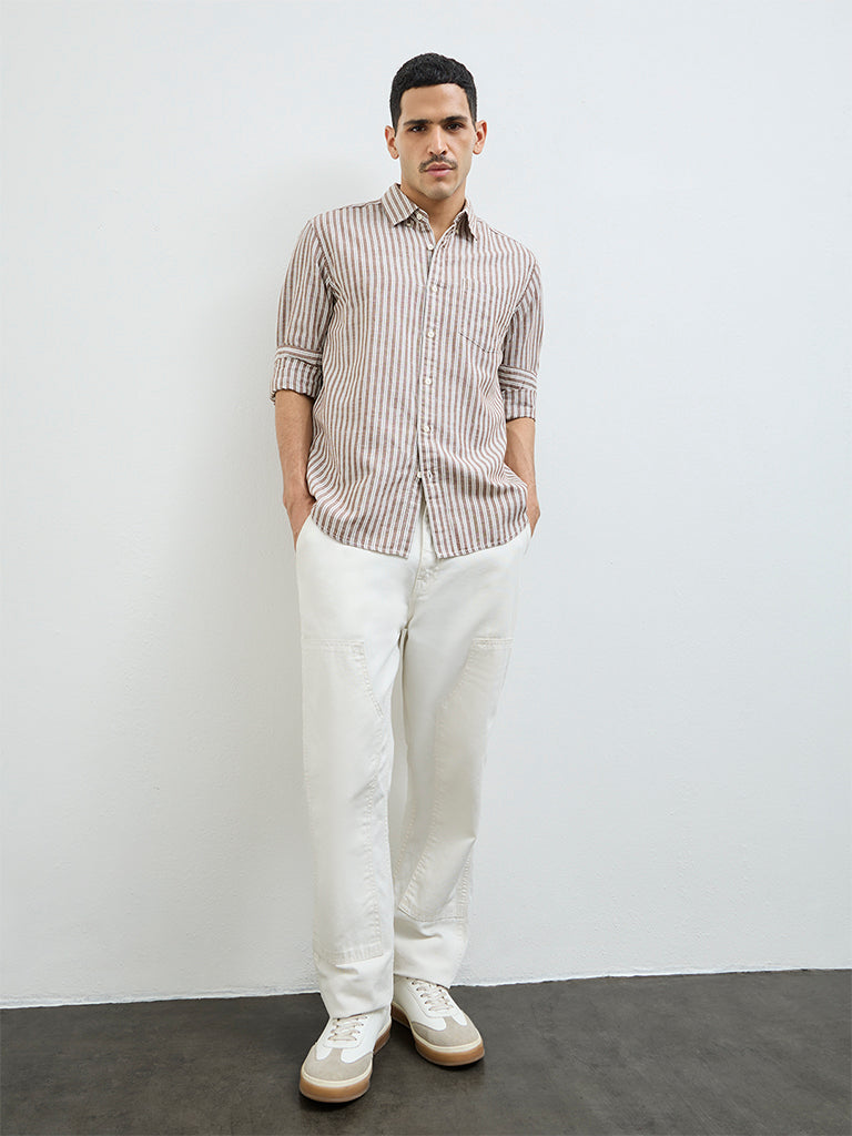 WES Casuals Brown Striped Relaxed-Fit Cotton-Blend Shirt