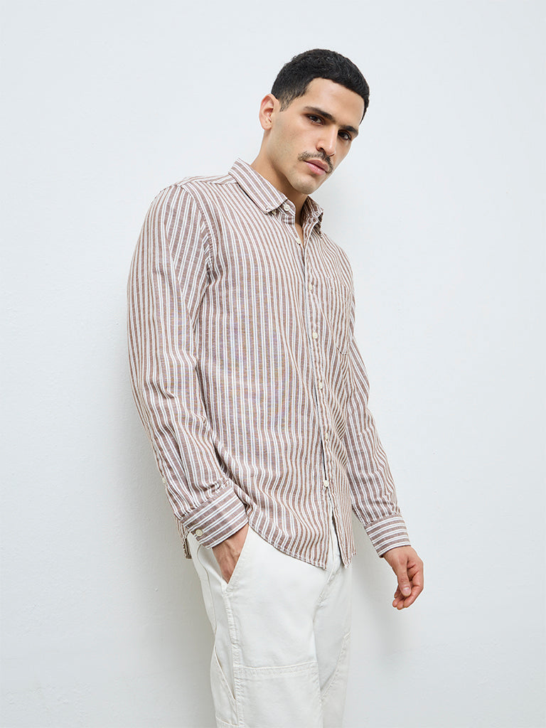 WES Casuals Brown Striped Relaxed-Fit Cotton-Blend Shirt